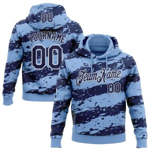 Custom Stitched Light Blue Navy-White Splash Torn Paper Style Sports Pullover Sweatshirt Hoodie