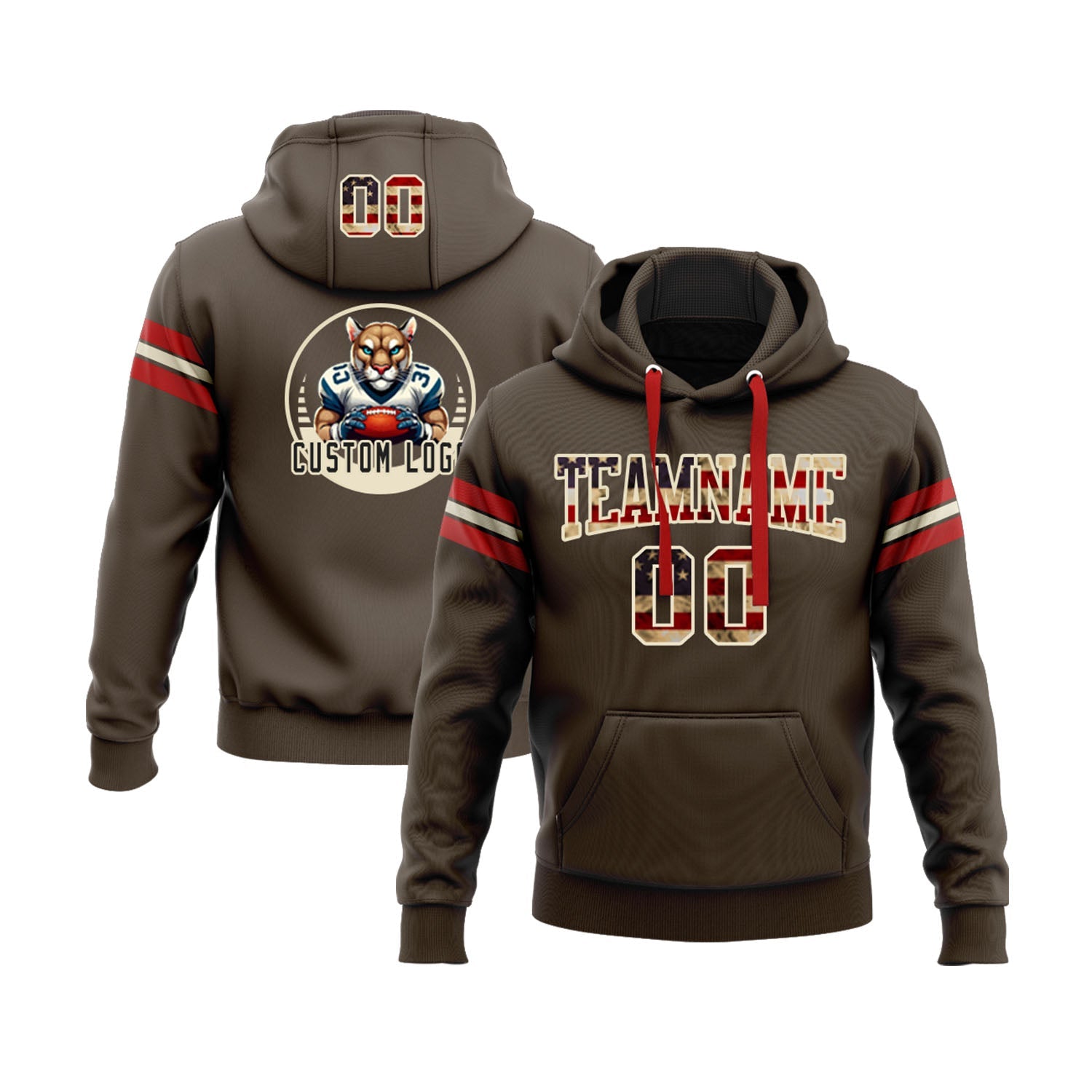 Custom Brown Vintage USA Flag Cream-Red Personalized Sports Team  Pullover Hoodie