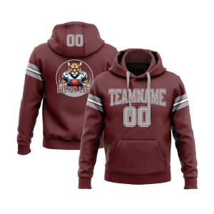 Custom Burgundy Gray-White Personalized Sports Team  Pullover Hoodie
