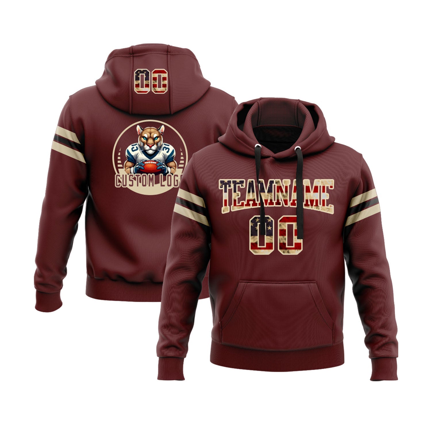 Custom Burgundy Vintage USA Flag City Cream-Black Personalized Sports Team  Pullover Hoodie