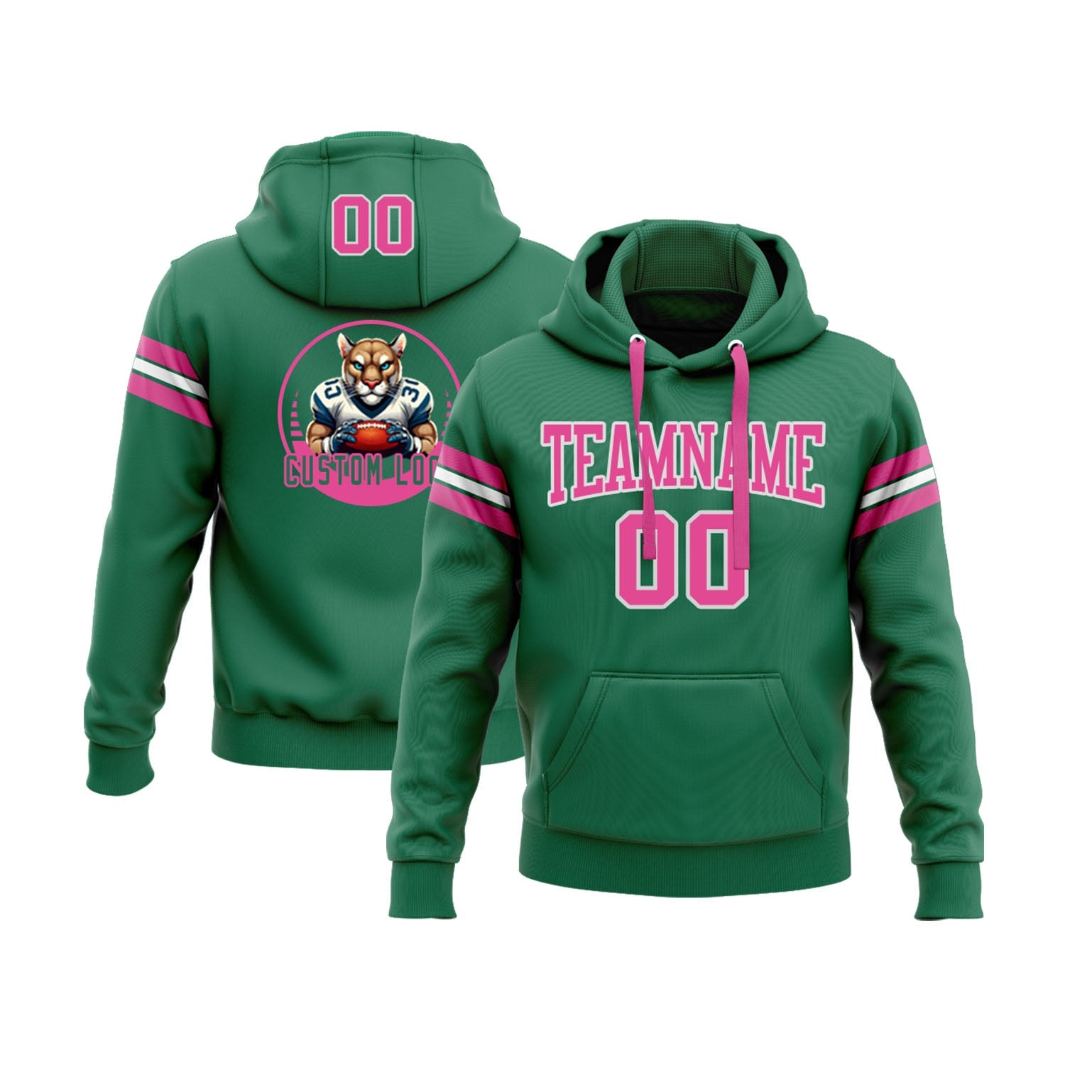 Custom Kelly Green Pink-White Personalized Sports Team Pullover Hoodie