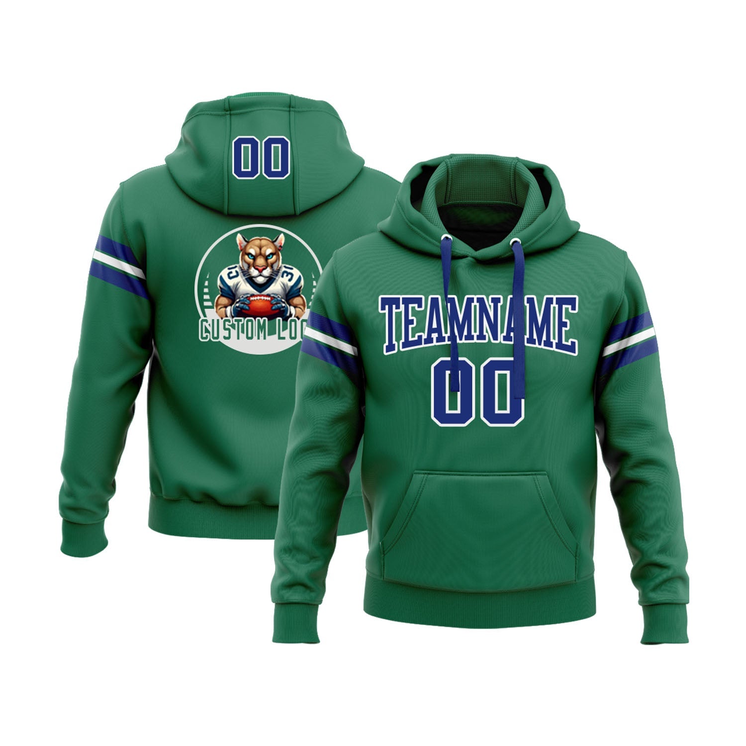 Custom Kelly Green Royal-White Personalized Sports Team Pullover Hoodie