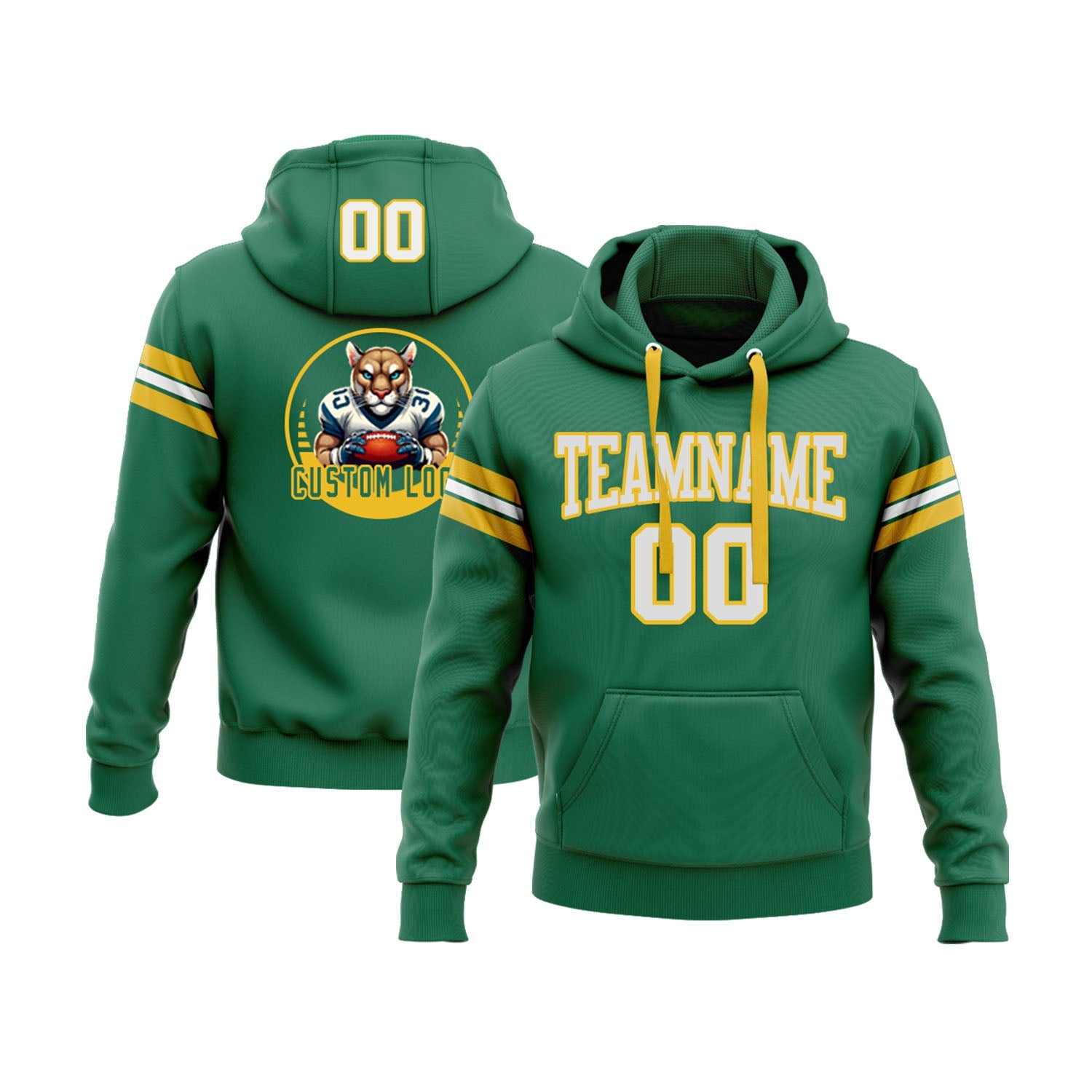 Custom Kelly Green White-Gold Personalized Sports Team Pullover Hoodie