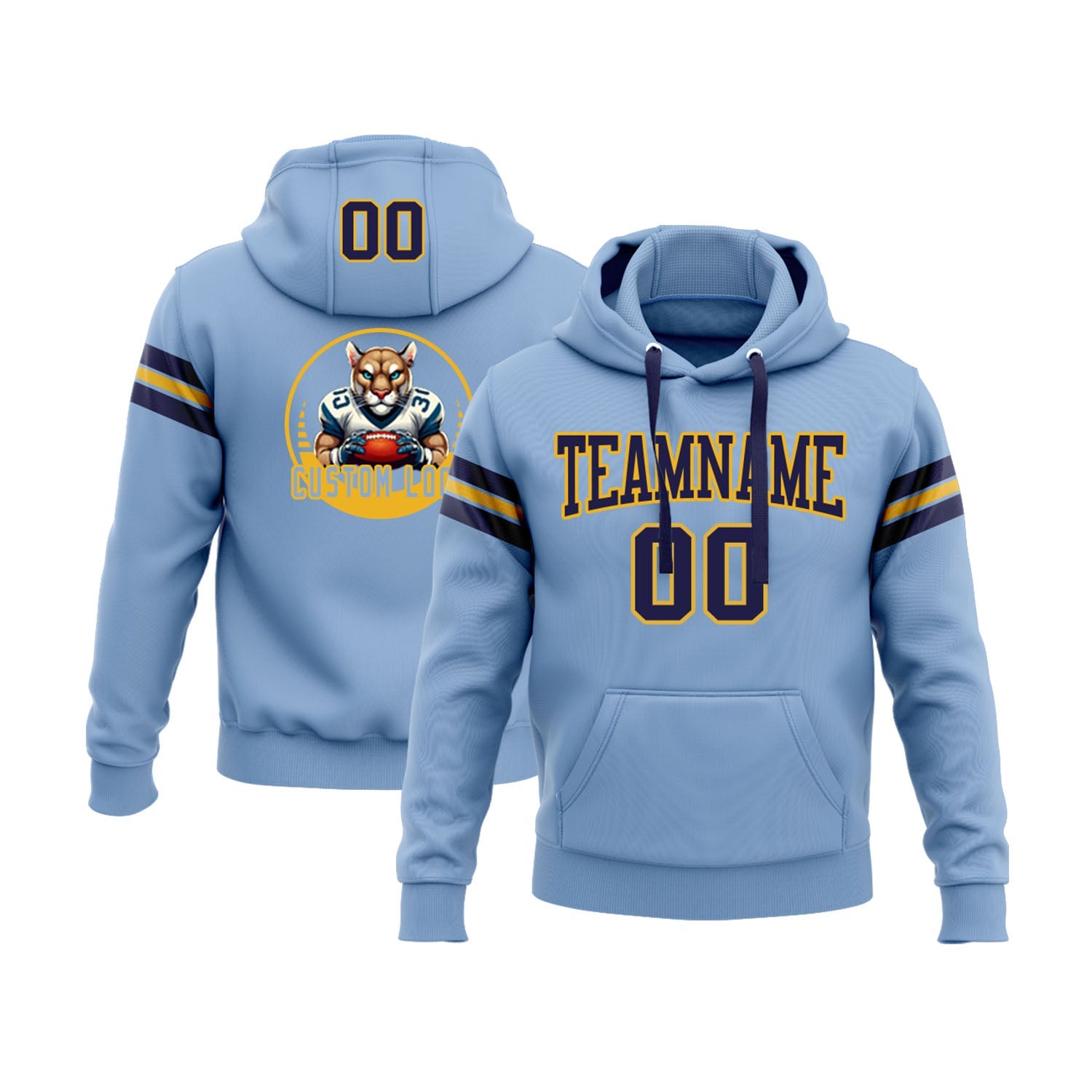 Custom Light Blue Navy-Gold Personalized Sports Team Pullover Hoodie