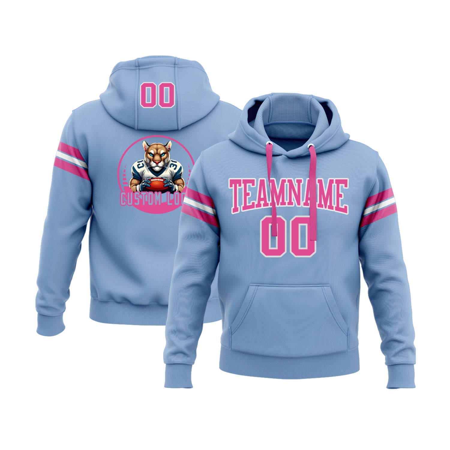 Custom Light Blue Pink-White Personalized Sports Team Pullover Hoodie