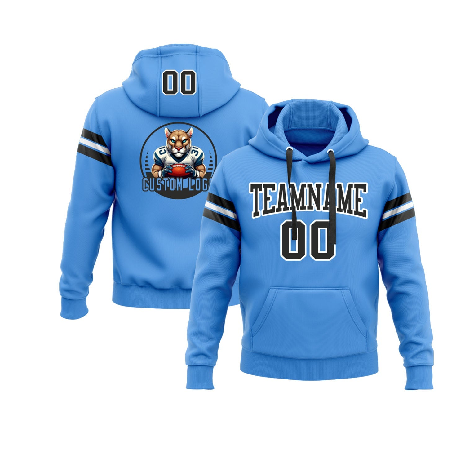 Custom Powder Blue Black-White Personalized Sports Team  Pullover Hoodie