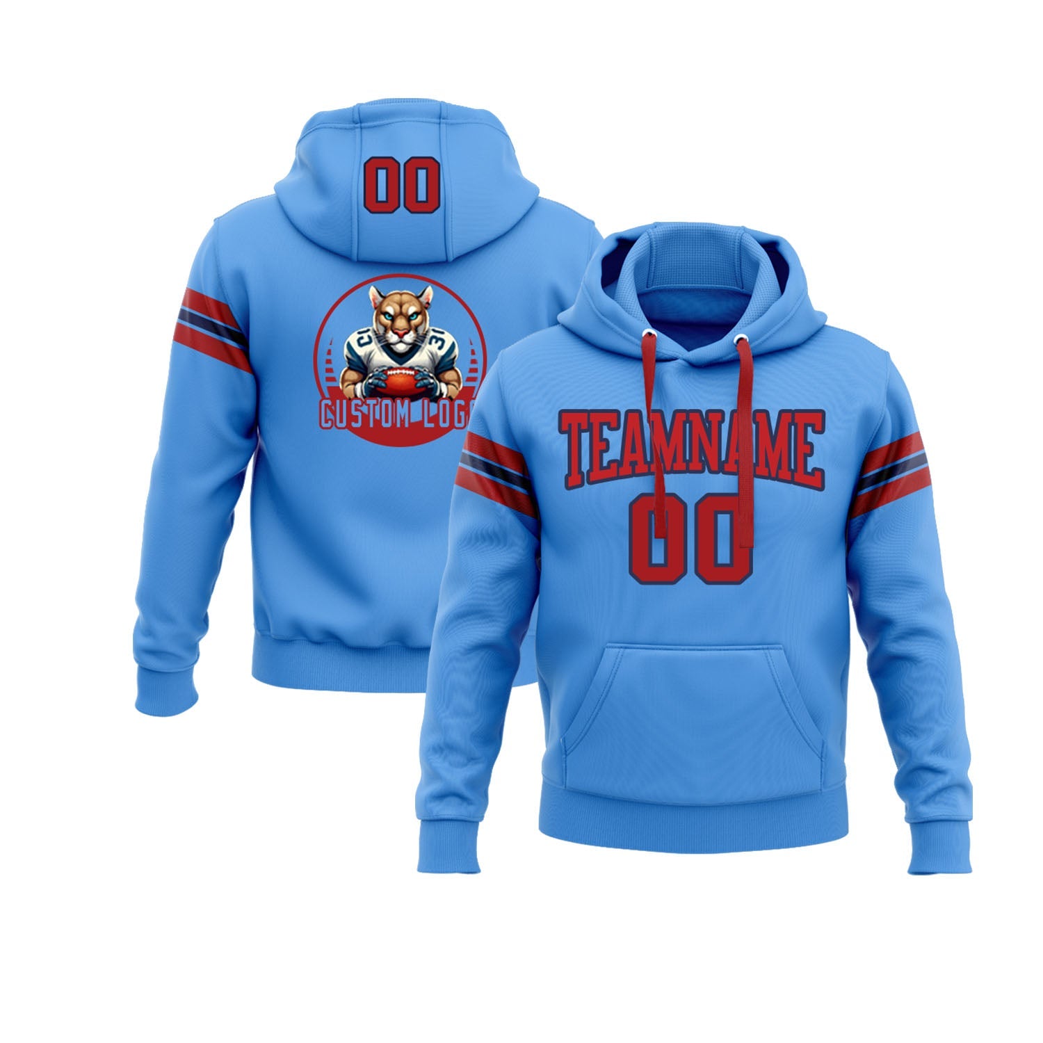 Custom Powder Blue Red-Navy Personalized Sports Team  Pullover Hoodie