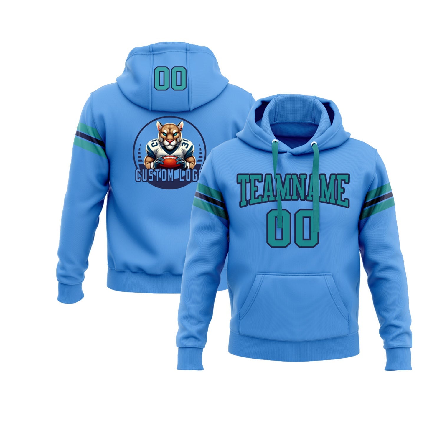 Custom Powder Blue Teal-Navy Personalized Sports Team  Pullover Hoodie